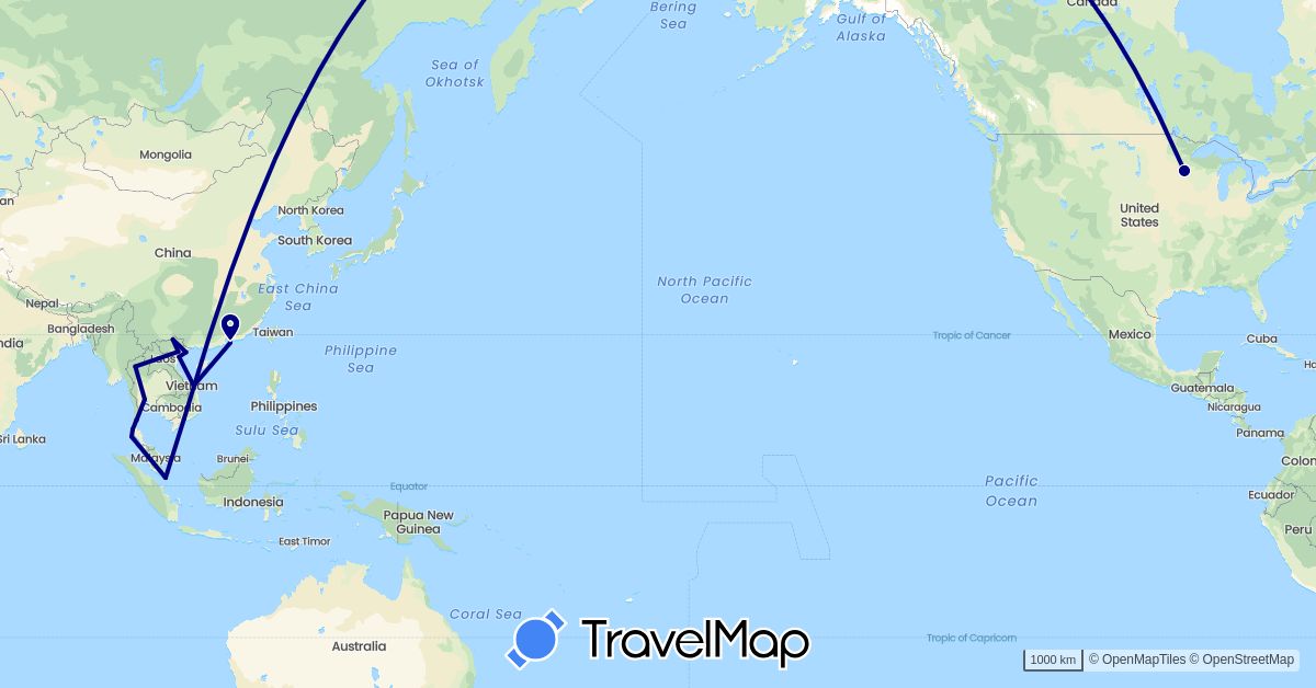 TravelMap itinerary: driving in China, Singapore, Thailand, United States, Vietnam (Asia, North America)